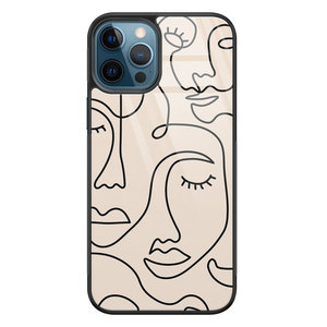 Leuke Telefoonhoesjes iPhone 12 glazen hardcase - Abstract gezicht lijnen
