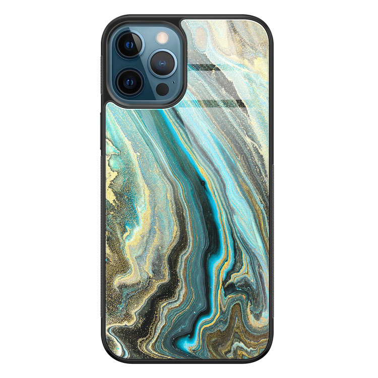 Leuke Telefoonhoesjes iPhone 12 glazen hardcase - Marmer mint