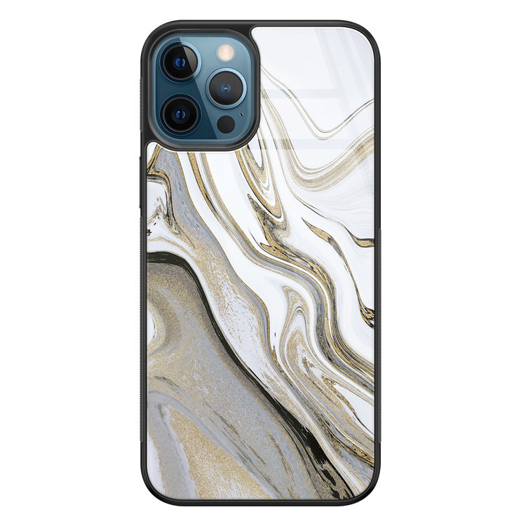 Leuke Telefoonhoesjes iPhone 12 glazen hardcase - Marmer wit goud