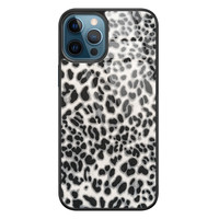 Leuke Telefoonhoesjes iPhone 12 glazen hardcase - Luipaard grijs