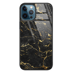 Leuke Telefoonhoesjes iPhone 12 glazen hardcase - Marmer zwart goud