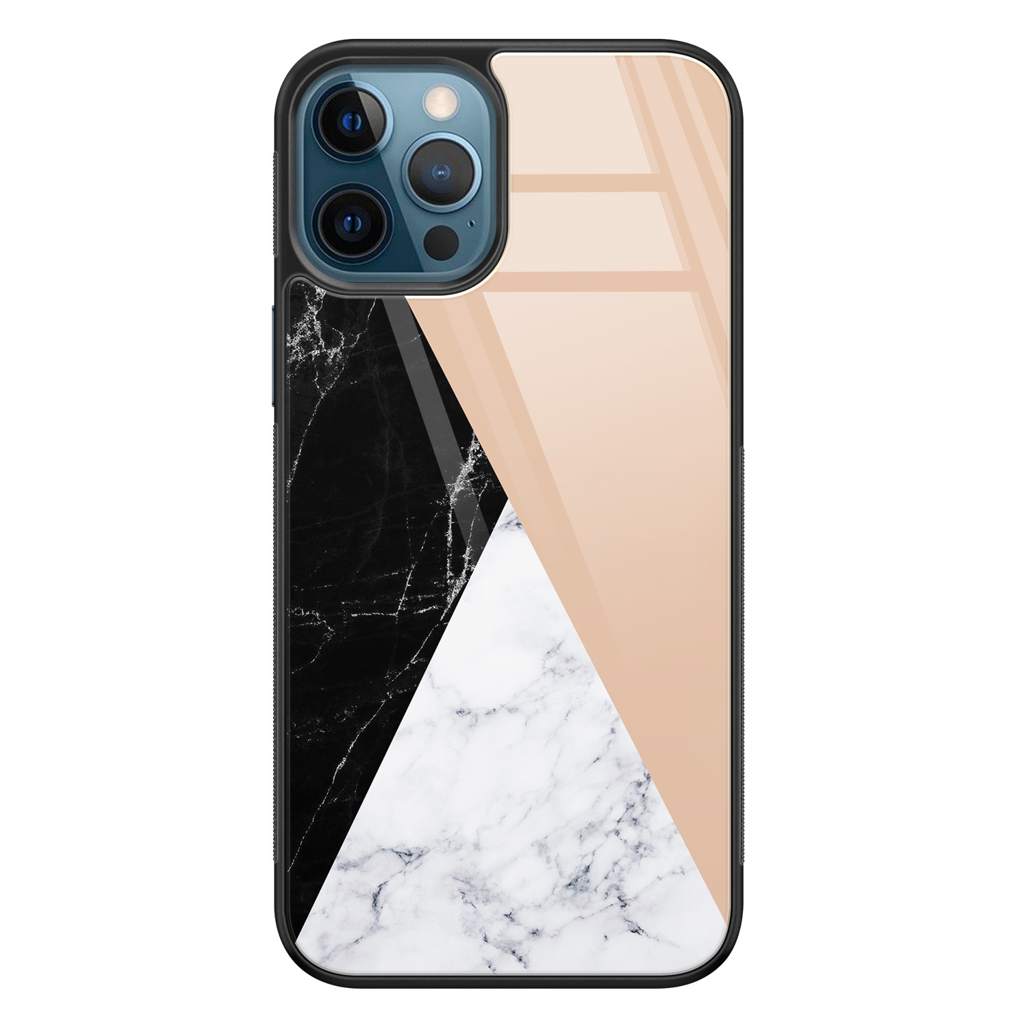 Leuke Telefoonhoesjes iPhone 12 glazen hardcase - Marmer zwart bruin
