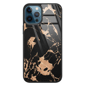 Leuke Telefoonhoesjes iPhone 12 glazen hardcase - Marmer zwart brons