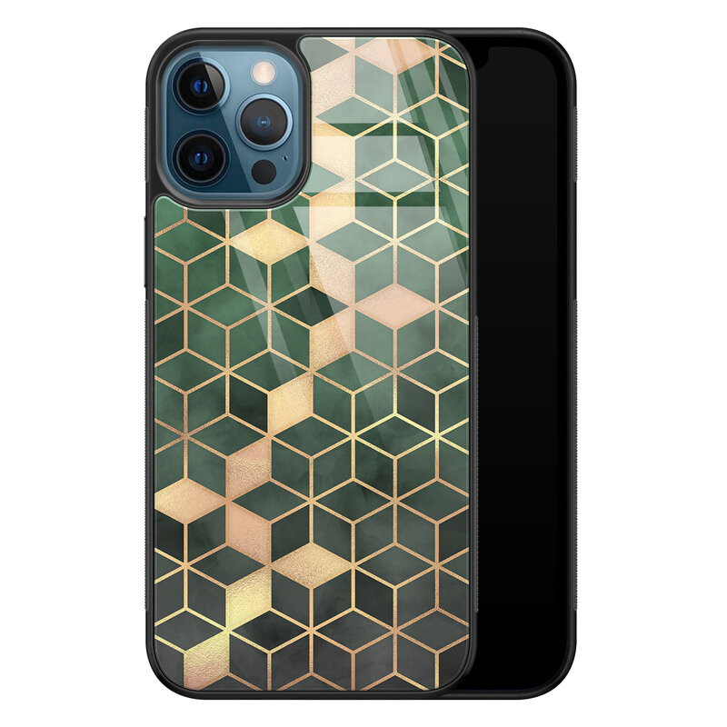 Leuke Telefoonhoesjes iPhone 12 glazen hardcase - Green cubes