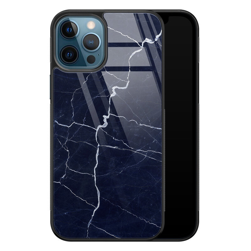 Leuke Telefoonhoesjes iPhone 12 glazen hardcase - Marmer navy blauw