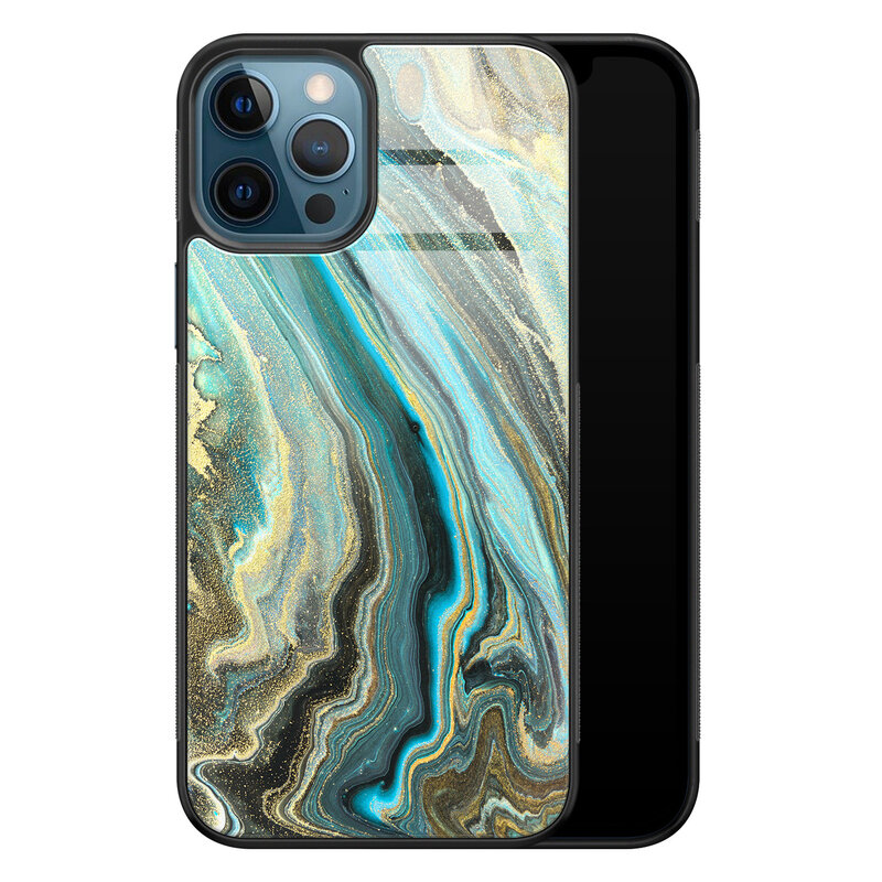 Leuke Telefoonhoesjes iPhone 12 glazen hardcase - Marmer mint