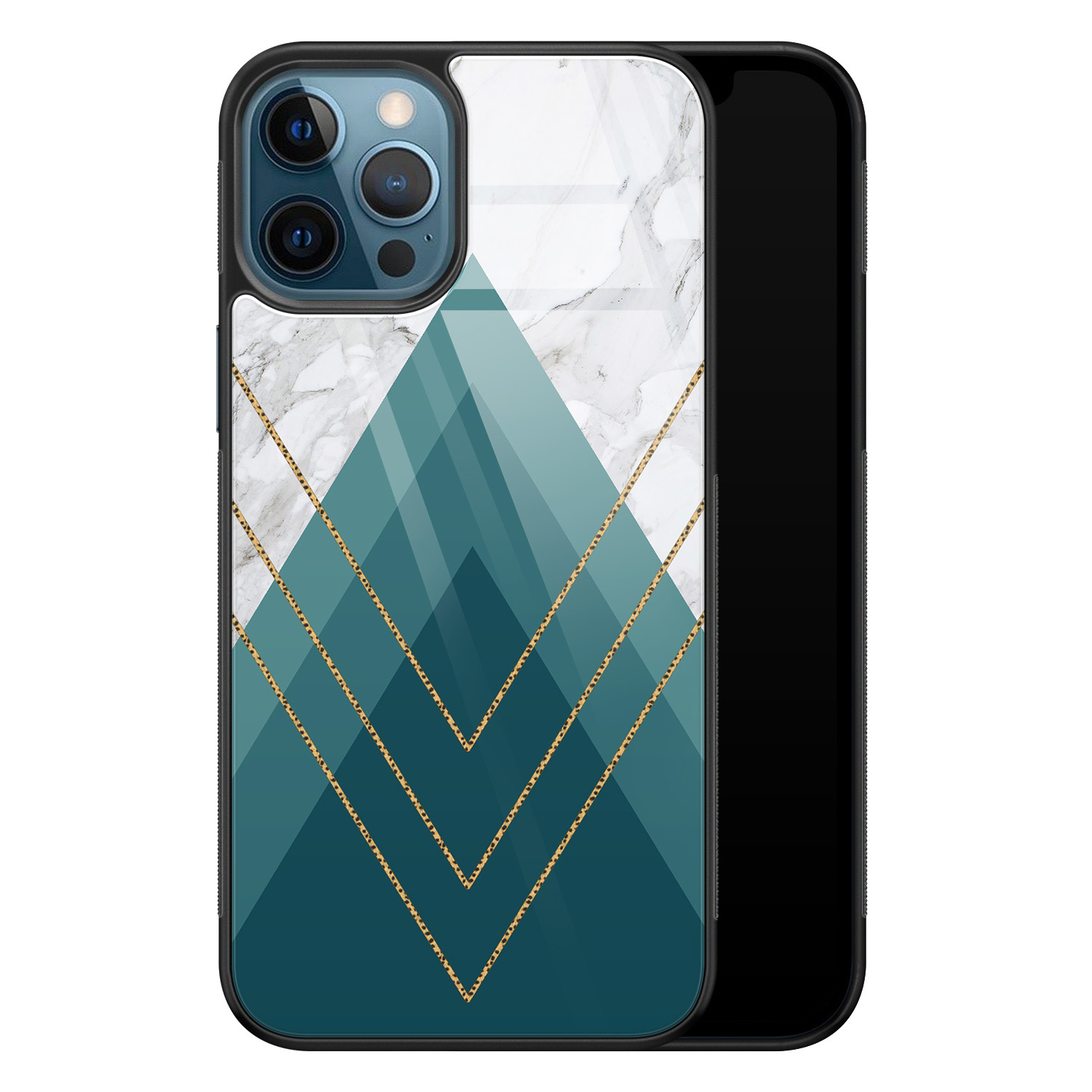 Leuke Telefoonhoesjes iPhone 12 glazen hardcase - Geometrisch blauw