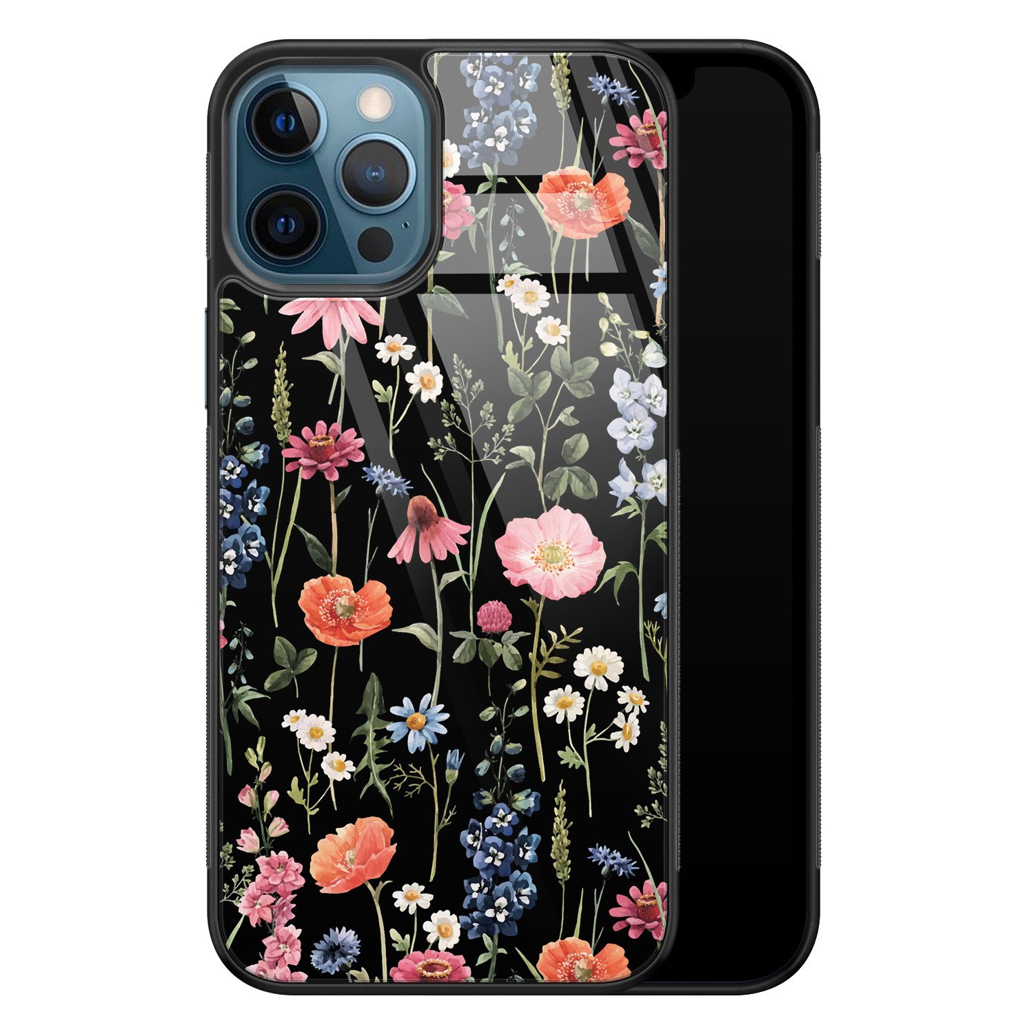 Leuke Telefoonhoesjes iPhone 12 glazen hardcase - Dark flowers
