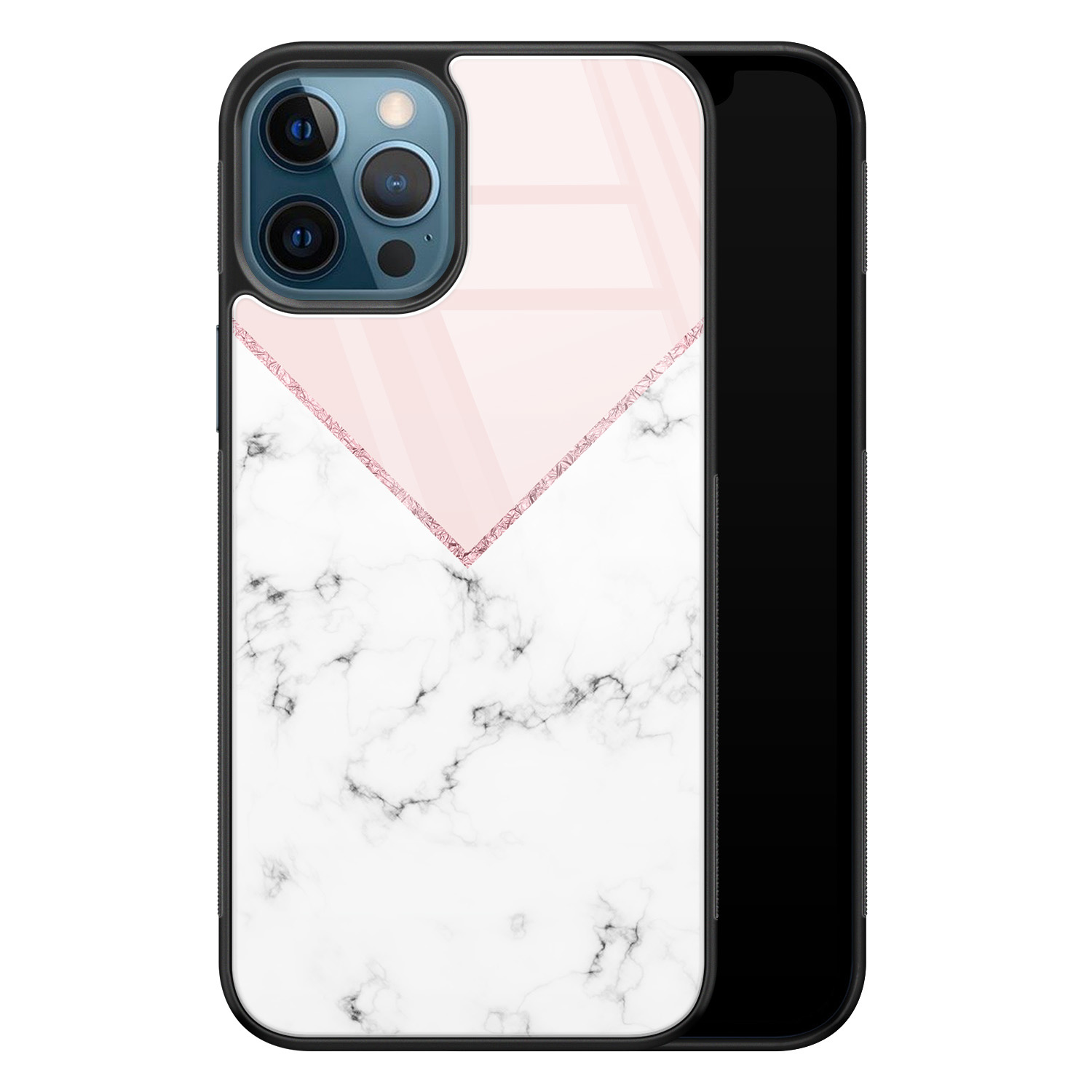 Leuke Telefoonhoesjes iPhone 12 glazen hardcase - Marmer roze grijs