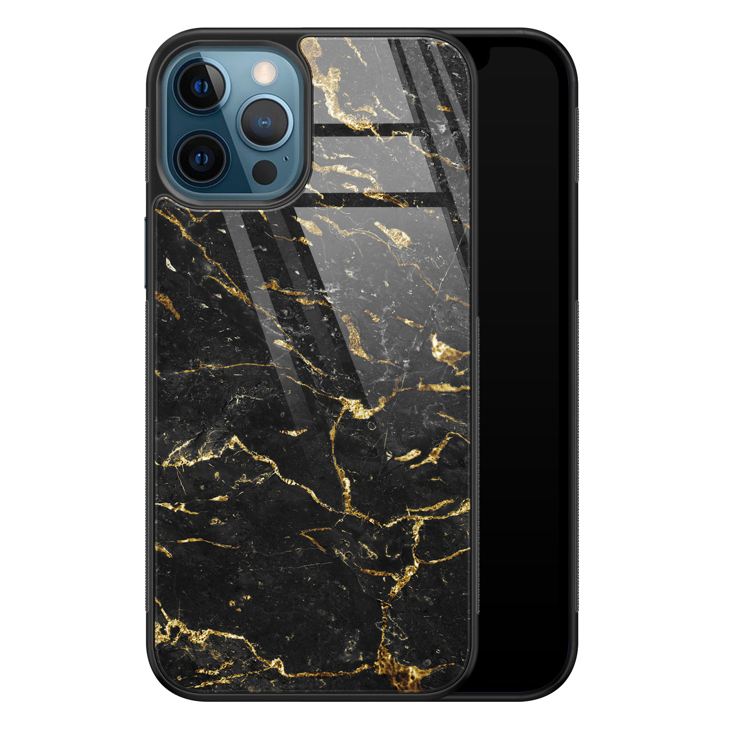 Leuke Telefoonhoesjes iPhone 12 glazen hardcase - Marmer zwart goud