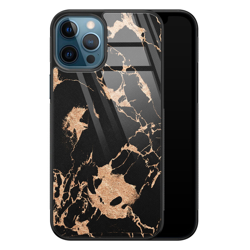 Leuke Telefoonhoesjes iPhone 12 glazen hardcase - Marmer zwart brons