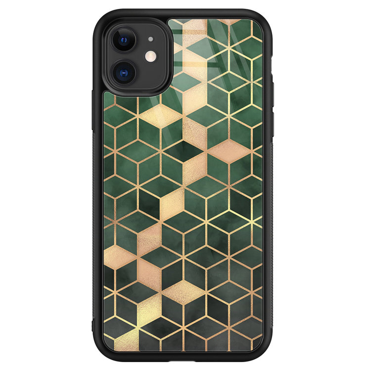 Leuke Telefoonhoesjes iPhone 11 glazen hardcase - Green cubes