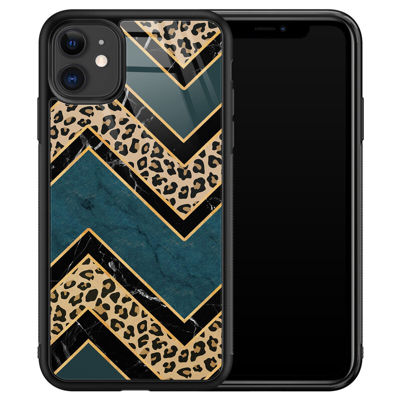 Leuke Telefoonhoesjes iPhone 11 glazen hardcase - Luipaard zigzag