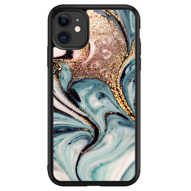 Leuke Telefoonhoesjes iPhone 11 glazen hardcase - Marmer blauw goud