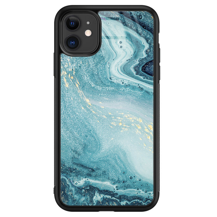 Leuke Telefoonhoesjes iPhone 11 glazen hardcase - Marmer blauw