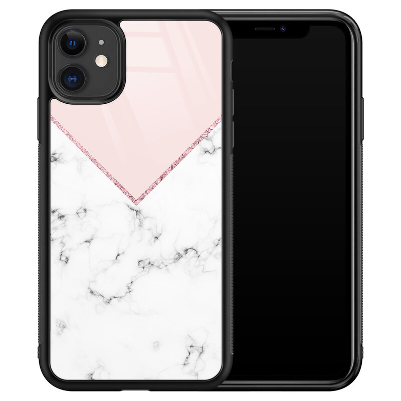 Leuke Telefoonhoesjes iPhone 11 glazen hardcase - Marmer roze grijs