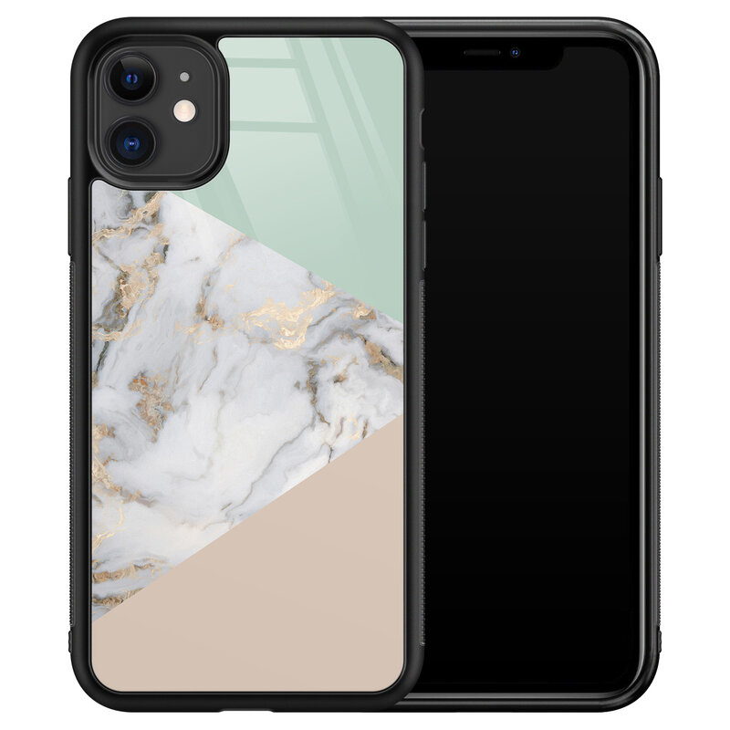 Leuke Telefoonhoesjes iPhone 11 glazen hardcase - Marmer pastel mix