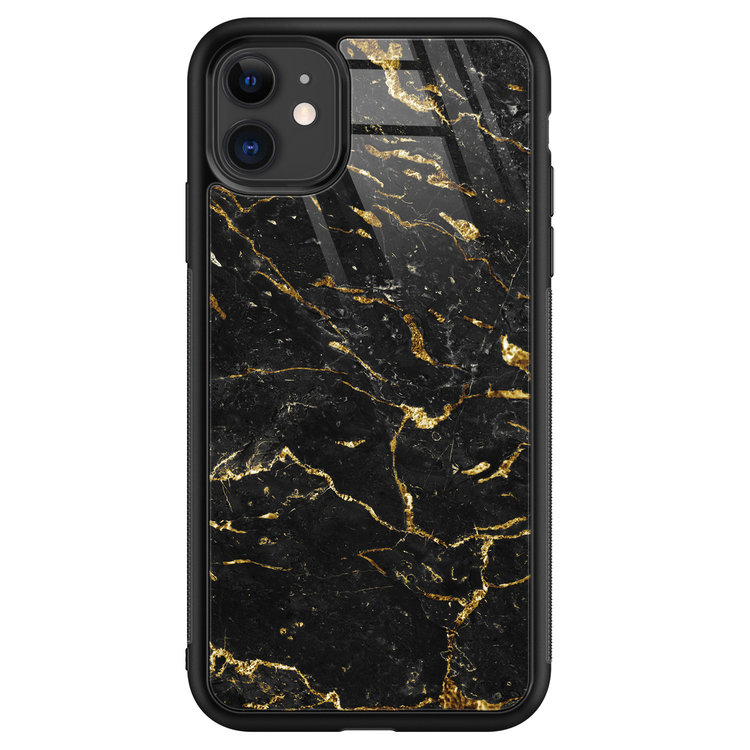 Leuke Telefoonhoesjes iPhone 11 glazen hardcase - Marmer zwart goud