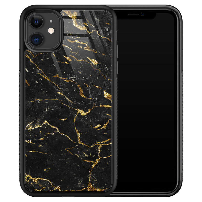 Leuke Telefoonhoesjes iPhone 11 glazen hardcase - Marmer zwart goud