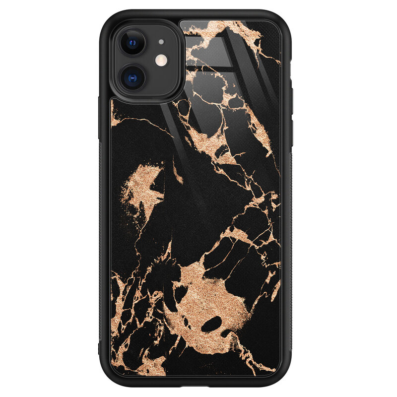 Leuke Telefoonhoesjes iPhone 11 glazen hardcase - Marmer zwart brons