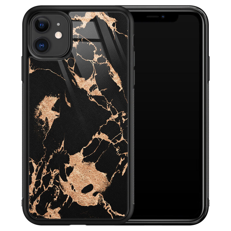 Leuke Telefoonhoesjes iPhone 11 glazen hardcase - Marmer zwart brons