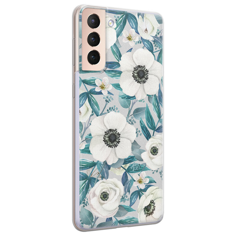 Leuke Telefoonhoesjes Samsung Galaxy S21 siliconen hoesje - Witte bloemen