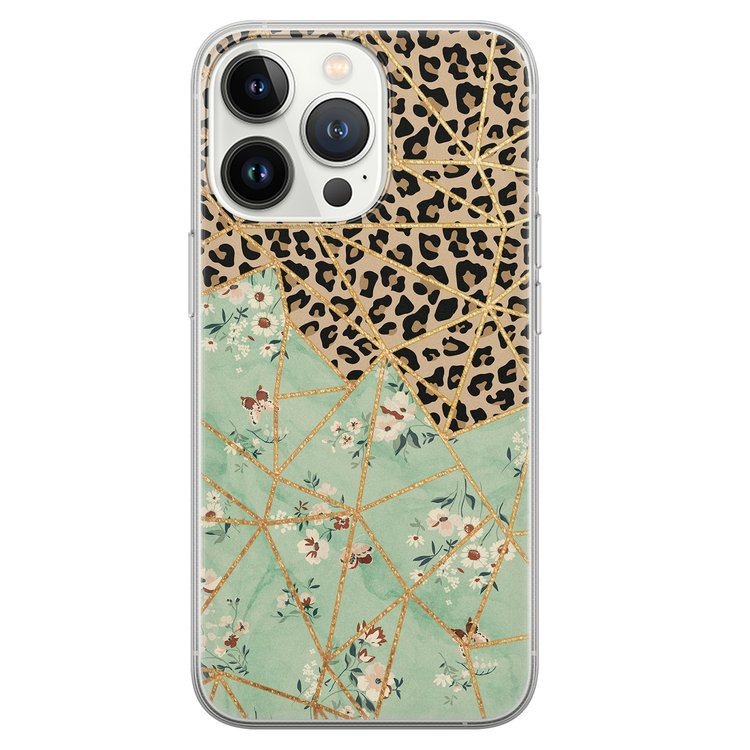 Leuke Telefoonhoesjes iPhone 13 Pro siliconen hoesje - Luipaard flower print