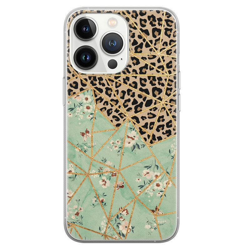 Leuke Telefoonhoesjes iPhone 13 Pro siliconen hoesje - Luipaard flower print