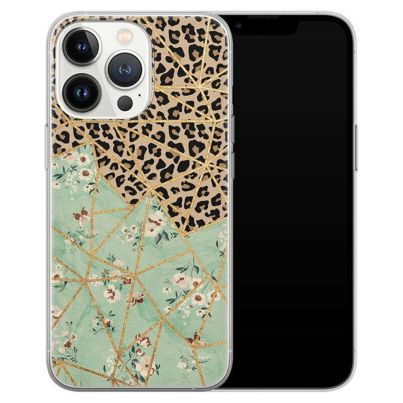 Leuke Telefoonhoesjes iPhone 13 Pro siliconen hoesje - Luipaard flower print