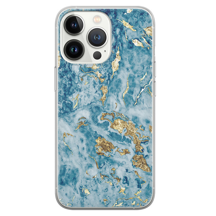 Leuke Telefoonhoesjes iPhone 13 Pro siliconen hoesje - Goud blauw marmer