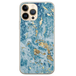 Leuke Telefoonhoesjes iPhone 13 Pro Max siliconen hoesje - Goud blauw marmer