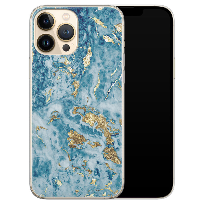 Leuke Telefoonhoesjes iPhone 13 Pro Max siliconen hoesje - Goud blauw marmer