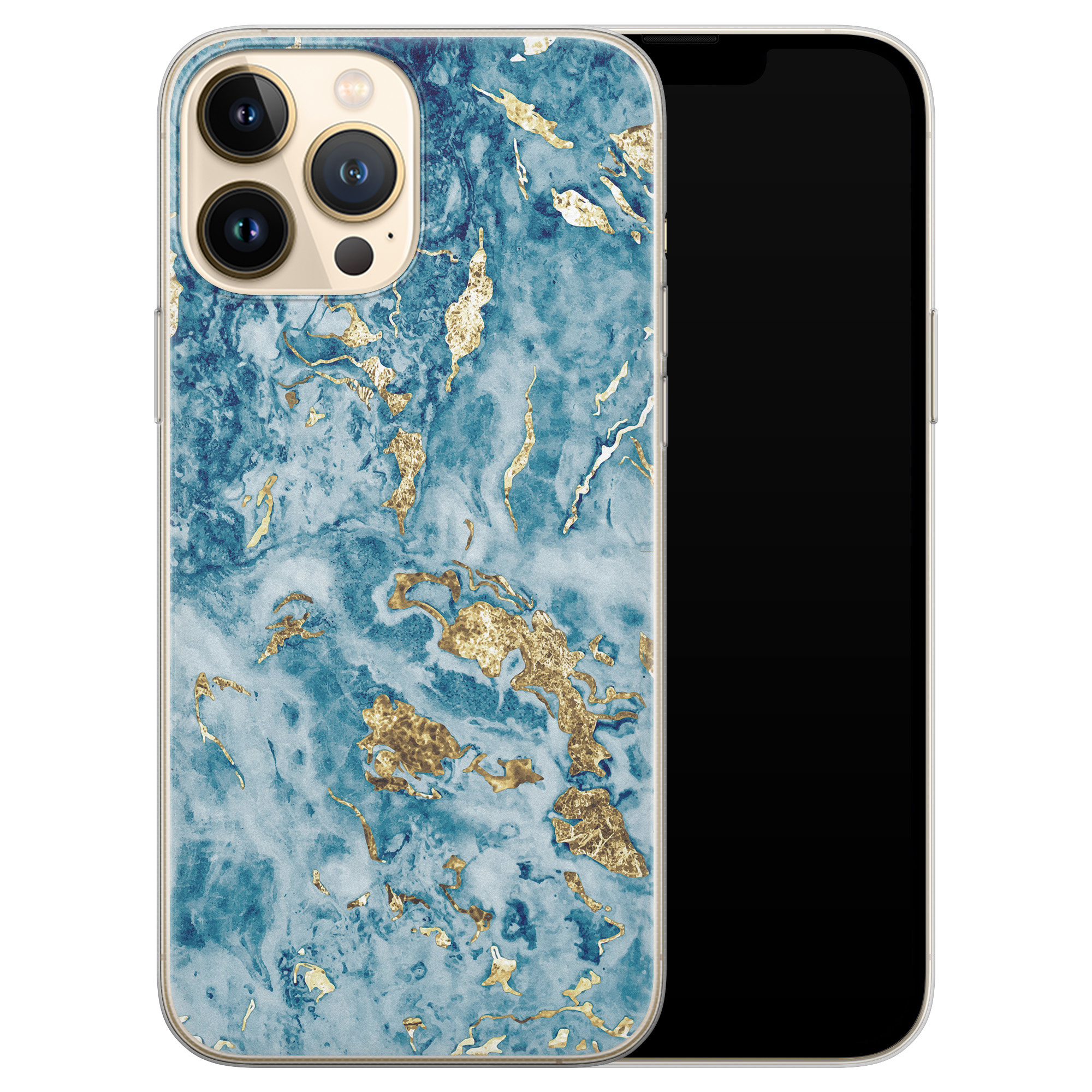 Leuke Telefoonhoesjes iPhone 13 Pro Max siliconen hoesje - Goud blauw marmer