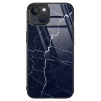 Leuke Telefoonhoesjes iPhone 13 glazen hardcase - Marmer kobaltblauw