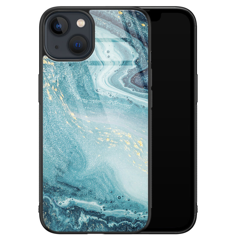 Leuke Telefoonhoesjes iPhone 13 glazen hardcase - Marmer blauw