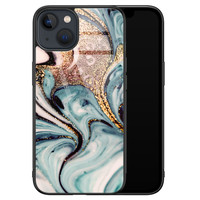 Leuke Telefoonhoesjes iPhone 13 glazen hardcase - Marmer blauw goud