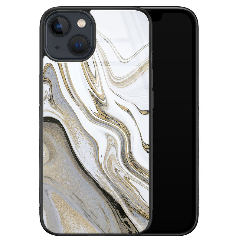Leuke Telefoonhoesjes iPhone 13 glazen hardcase - Marmer wit goud