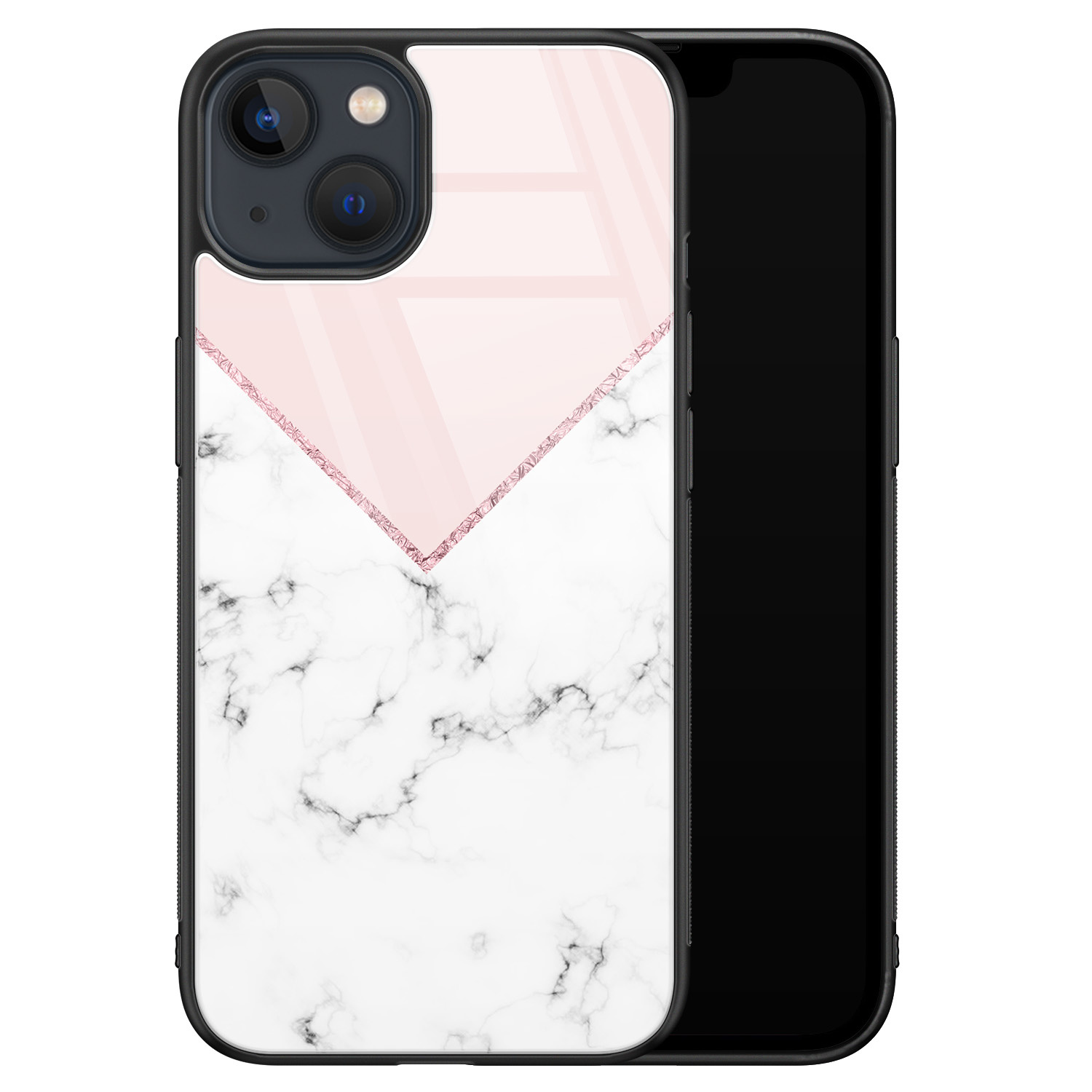 Leuke Telefoonhoesjes iPhone 13 glazen hardcase - Marmer roze grijs