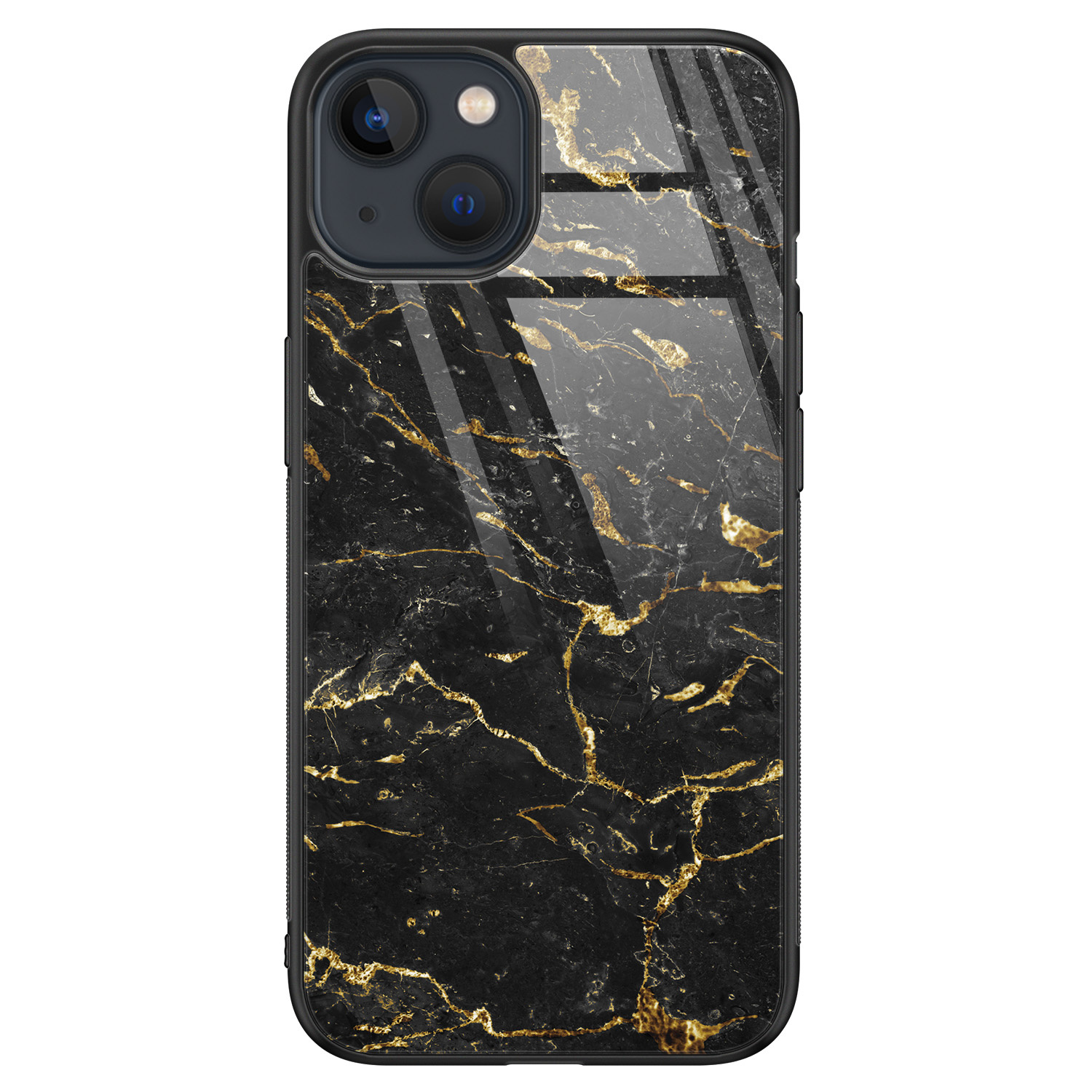 Leuke Telefoonhoesjes iPhone 13 glazen hardcase - Marmer zwart goud
