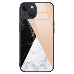 Leuke Telefoonhoesjes iPhone 13 glazen hardcase - Marmer zwart bruin