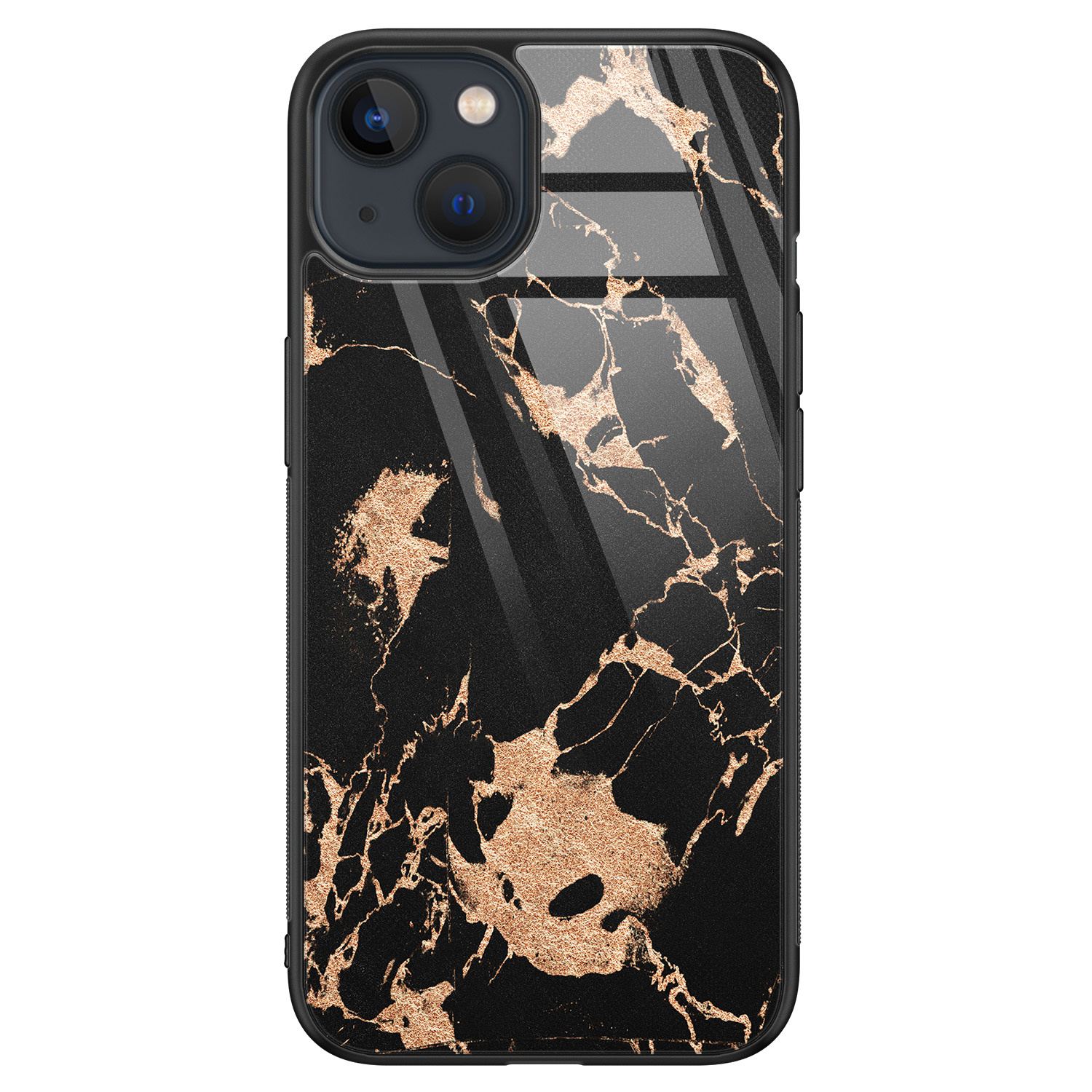 Leuke Telefoonhoesjes iPhone 13 glazen hardcase - Marmer zwart brons