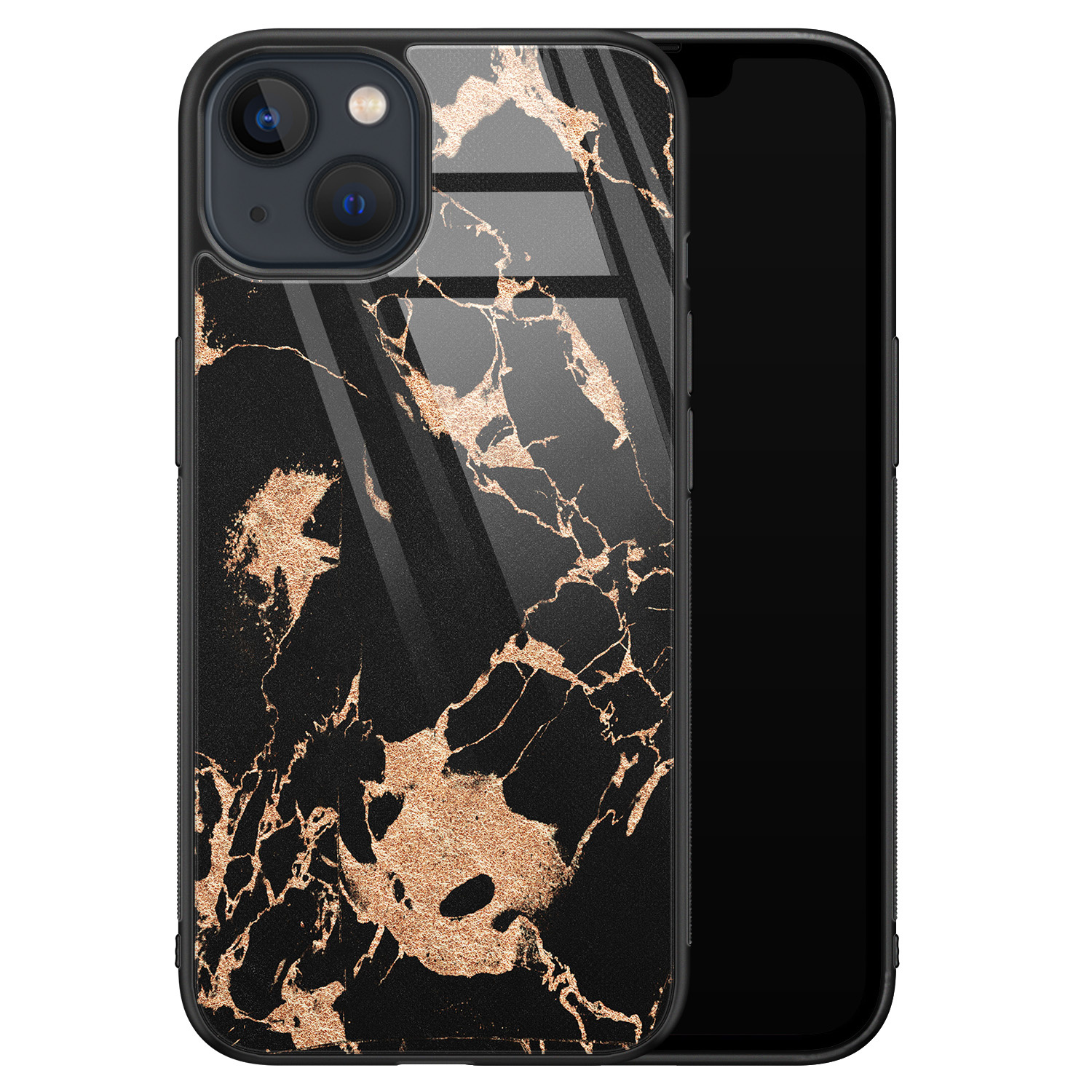 Leuke Telefoonhoesjes iPhone 13 glazen hardcase - Marmer zwart brons