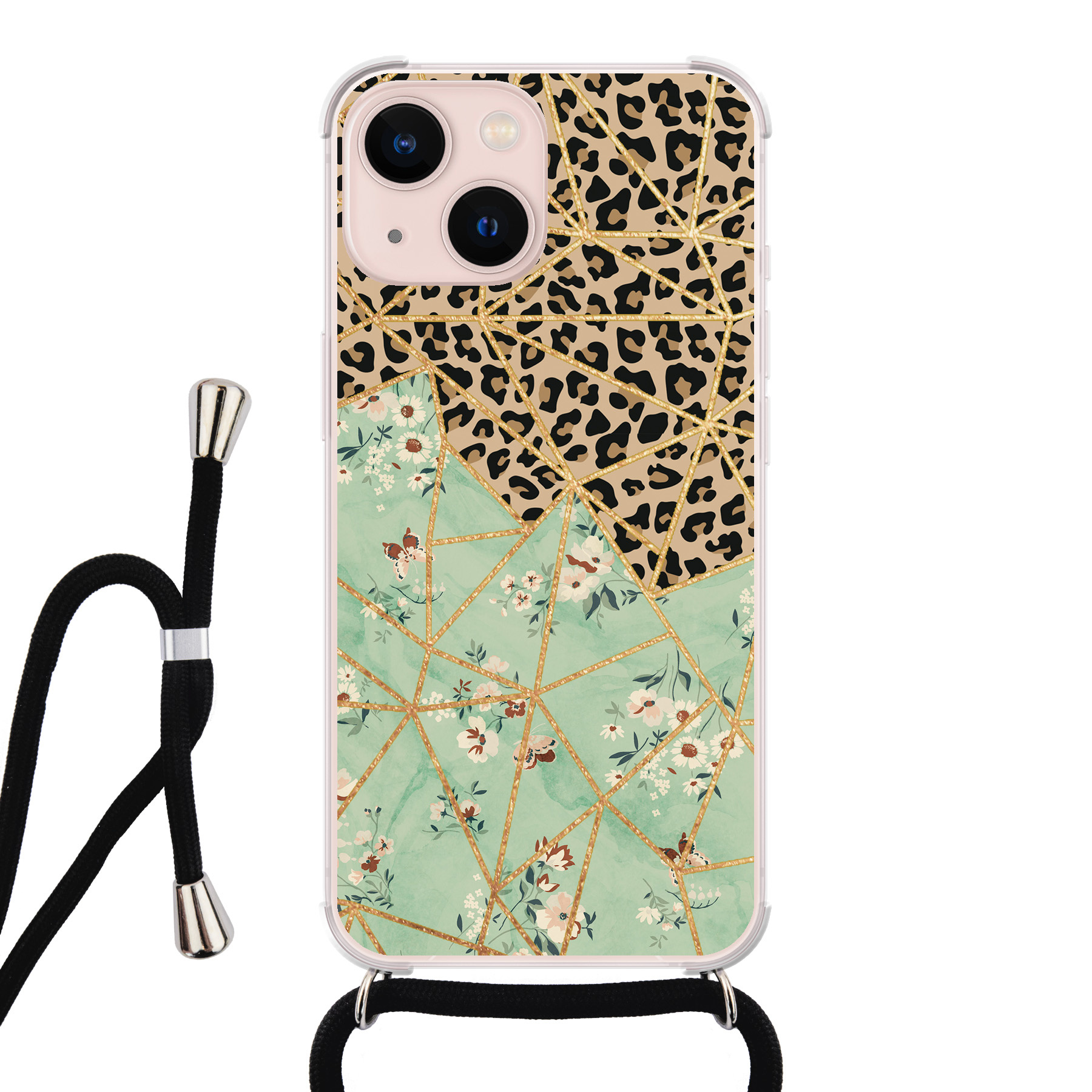 Leuke Telefoonhoesjes iPhone 13 hoesje met koord - Luipaard flower print