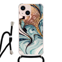 Leuke Telefoonhoesjes iPhone 13 hoesje met koord - Marmer blauw swirl