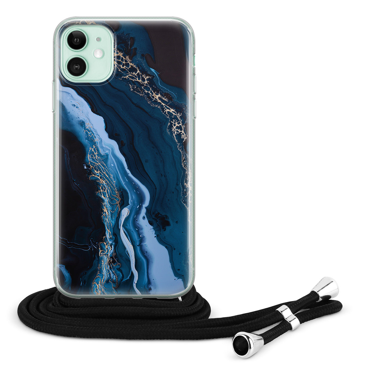 Leuke Telefoonhoesjes iPhone 11 hoesje met koord - Marmer lagoon blauw
