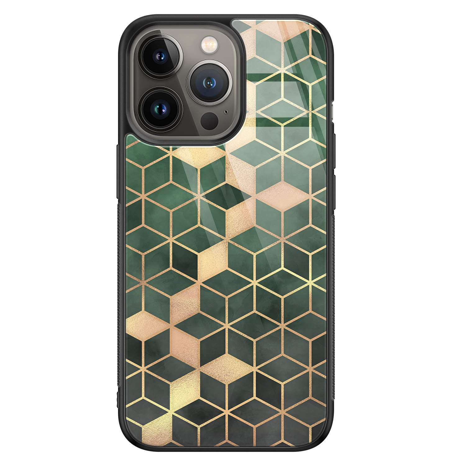 Leuke Telefoonhoesjes iPhone 13 Pro glazen hardcase - Green cubes