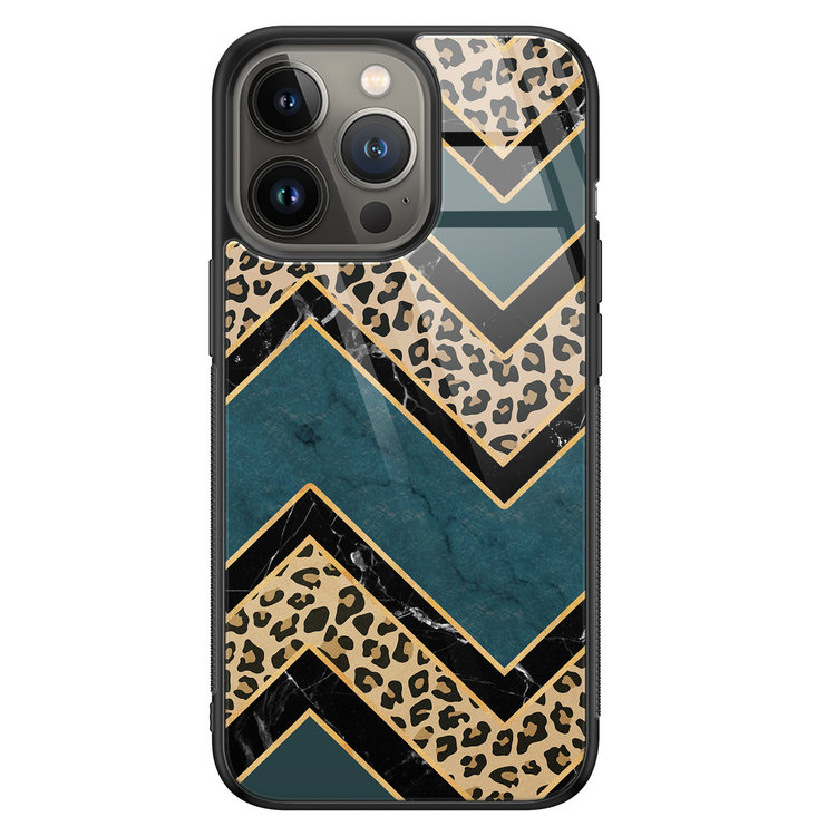 Leuke Telefoonhoesjes iPhone 13 Pro glazen hardcase - Luipaard zigzag