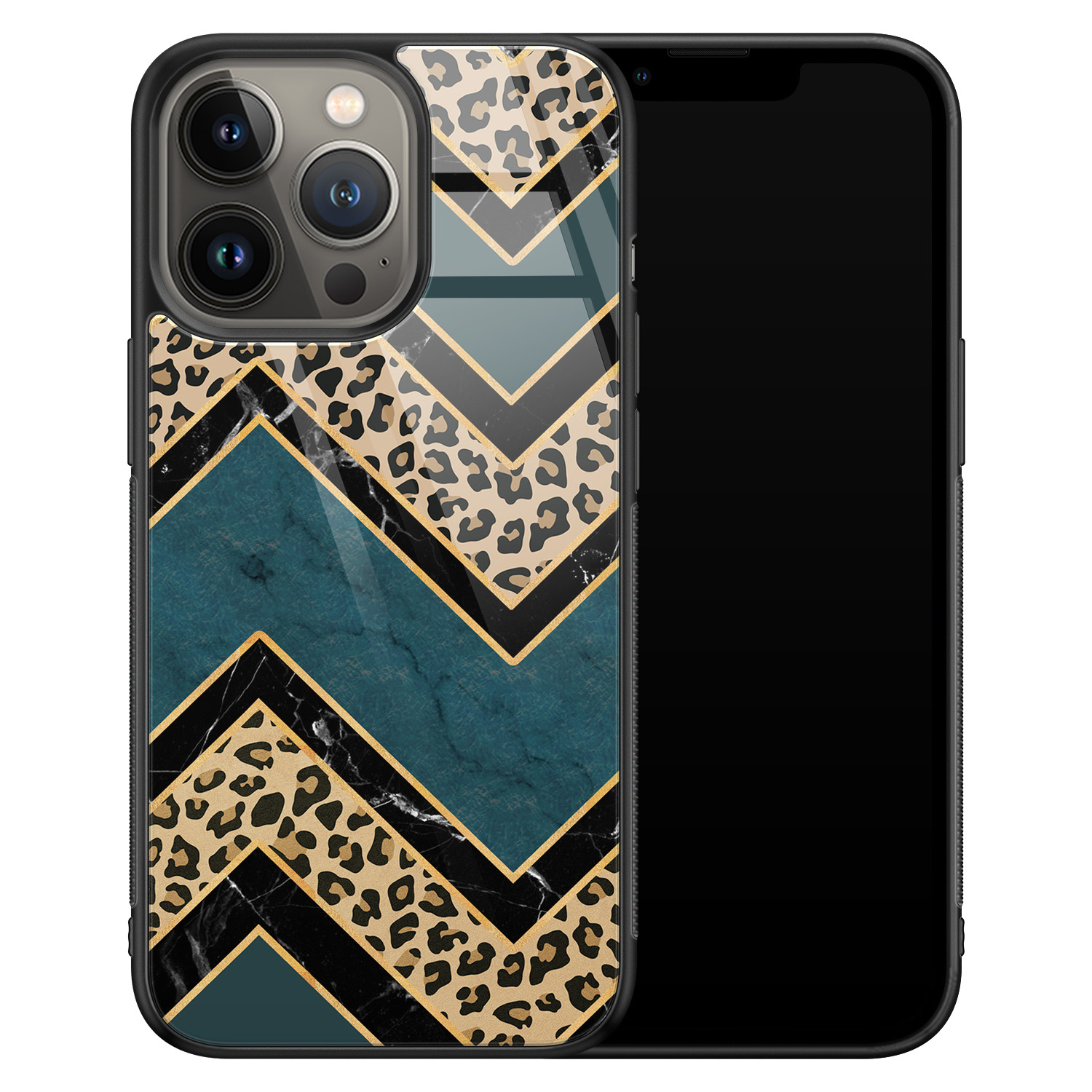 Leuke Telefoonhoesjes iPhone 13 Pro glazen hardcase - Luipaard zigzag