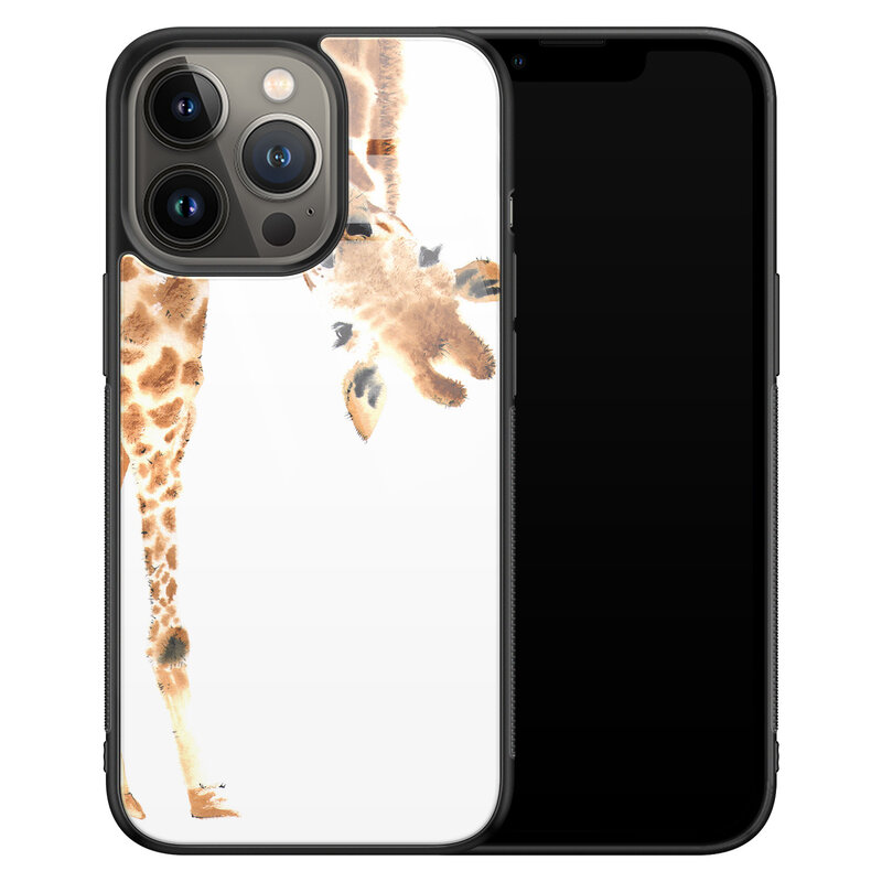 Leuke Telefoonhoesjes iPhone 13 Pro glazen hardcase - Giraffe peekaboo