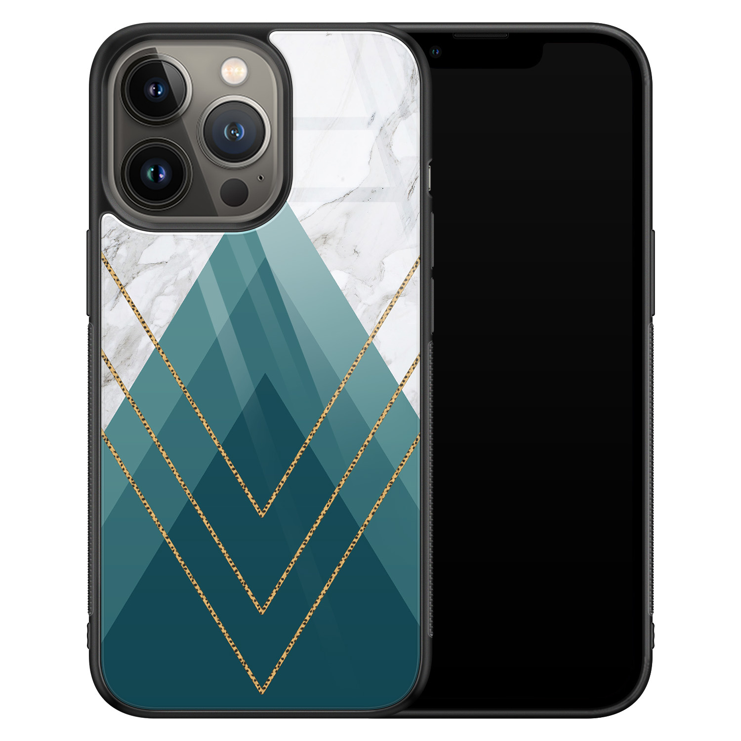 Leuke Telefoonhoesjes iPhone 13 Pro glazen hardcase - Geometrisch blauw